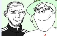 2soyjaks closed_mouth clothes crystal_cafe ear female glasses green_hair hair hat smile soyjak stubble subvariant:gapejak_female track_suit variant:carterjak variant:gapejak variant:kuzjak // 640x411 // 154.1KB