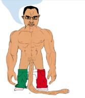 arm brown_skin buff bwc closed_mouth clothes country ear flag full_body glasses hair hand italy mustache nsfw penis soyjak speech_bubble_empty subvariant:chudjak_front subvariant:obsessedchud variant:chudjak // 750x861 // 196.8KB