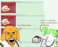 2soyjaks 4chan anime arm closed_mouth clothes dog ear flandre_scarlet glasses glowing_eyes glowing_glasses green_hair hair hand hat janny jp_(4chan) mustache open_mouth screenshot smile smug soyjak stubble suspenders touhou variant:feraljak variant:soyak video_game watch yellow_hair yellow_skin yotsoyba // 985x793 // 450.7KB