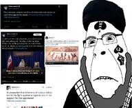 Ayatollah ali_khamenei beard biting_lip black_lives_matter clothes fist glasses islam queen_of_spades shia soyjak subvariant:hornyson tattoo text turban twitter variant:cobson xitter // 1080x884 // 128.7KB