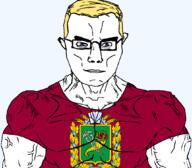 arm blue_eyes buff closed_mouth clothes flag flag:kharkiv_oblast glasses hair kharkiv_oblast oblast soyjak subvariant:chudjak_front subvariant:muscular_chud transparent_background trend:aryan tshirt variant:chudjak vein // 1059x929 // 163.3KB