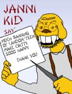 arm ban clothes dog ear glasses half_open_mouth hand holding_object janny overalls soyjak stubble text variant:soykio_kid // 989x1293 // 54.4KB