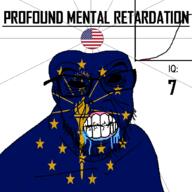 angry bald black_eyes black_hole black_sclera clenched_teeth closed_mouth cracked_teeth drool ear flag flag:Indiana flag:united_states glasses hair indiana iq iq_bell_curve mustache nightmare_fuel no_pupils profound_mental_retardation retard soyjak star_(symbol) state stubble text torch united_states variant:feraljak wrinkles // 1024x1024 // 110.6KB