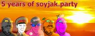 admin artist:greenfag closed_mouth clothes doll doll_(user) froot froot_(user) glasses hat kuz meta:namefags quote quote_(user) smile soot soyjak_party sun sunset text variant:feraljak variant:gapejak variant:kuzjak year_5 // 3825x1459 // 2.2MB