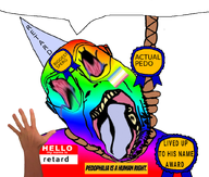 award clothes crying dunce hand hat irl_hand map_(pedophile) map_pride meta:namefags name_tag open_eyes open_mouth pedophile rainbow retard retard_(user) retarded rope speech_bubble tounge_out trend:slopjak variant:bernd