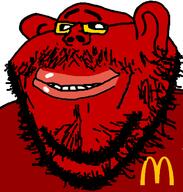 black_sclera clothes ear glasses lips looking_at_you mcdonalds mustache oc red red_shirt red_skin shart smile stubble subvariant:impish_amerimutt thick_eyebrows variant:impish_soyak_ears // 598x628 // 31.5KB