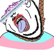 bloodshot_eyes clothes ear error flag hair hanging meta mustache open_mouth purple_hair revert rope soyjak stubble suicide tongue tranny variant:impish_soyak_ears yellow_teeth // 534x498 // 111.1KB
