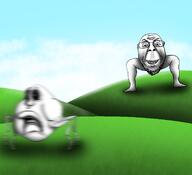 2soyjaks background cloud eyebrows foot glasses grass hill leg lips open_mouth scared shading sky smile soyjak stubble subvariant:doctos variant:bernd variant:meximutt // 1320x1200 // 1.4MB