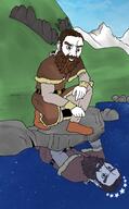 beard blue_sky crown durin dwarf ear eyes grass hair hills kneel lord_of_the_rings mountains nose pond pose reflection rocks sky stars variant:chudjak water // 1264x2048 // 1.2MB