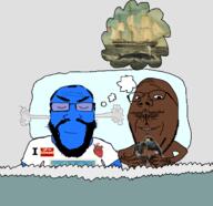 2soyjaks angry arm badge beard bed black_skin blanket blue_skin boat call_me_ishmael closed_eyes closed_mouth clothes fume glasses hand heart holding_object i_love moby_dick pillow sleeping smile soyjak stubble subvariant:science_lover subvariant:wholesome_soyjak tattoo text thought_bubble tshirt variant:gapejak variant:markiplier_soyjak whale // 1900x1837 // 950.6KB