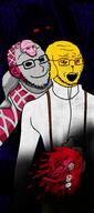 4soyjaks animal_abuse arm black_background blood bloodshot_eyes clothes crazed crying dog ear glasses gore hand hijak horror janny jojos_bizarre_adventure king_crimson open_mouth prog_rock red_eyes smile soyjak stubble subvariant:soyak_(crazed) suspenders variant:soyak yellow_skin // 445x1010 // 526.6KB