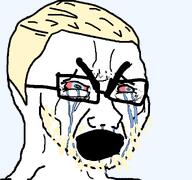 angry aryan blond bloodshot_eyes blue_eyes crying glasses hair open_mouth seething series:aryan_soyjaks stubble variant:cryboy_soyjak // 1080x1012 // 68.4KB