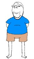 arm beard blue_shirt clothes fat full_body glasses leg shorts smile stubble subvariant:wholesome_soyjak t-shirt variant:gapejak // 514x891 // 16.5KB
