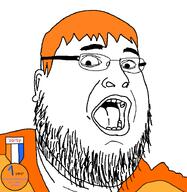 badge clothes glasses hair open_mouth orange_hair soyjak soyzellig_party stubble variant:fatjak zach zarty // 714x732 // 45.3KB