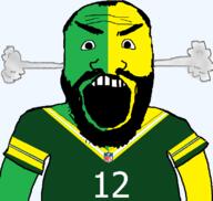 aaron_rodgers angry balding beard clothes football football_jersey forehead_lines forehead_wrinklesink fume green_bay_packers green_skin national_football_league nfl open_mouth soyjak steam subvariant:science_lover variant:markiplier_soyjak yellow_skin // 800x757 // 84.6KB