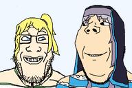 2soyjaks are_you_soying_what_im_soying glasses hair looking_at_each_other nun orkastle raised_eyebrow smirk soyjak stubble subvariant:wholesome_soyjak trend:aryan variant:gapejak variant:markiplier_soyjak // 1200x800 // 71.1KB