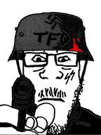 aryan beard blood closed_mouth glasses gun helmet holding_gun looking_at_you moustache soyjak ss_runes stahlhelm stubble subvariant:neutralplier swastika tfd variant:markiplier_soyjak wwii // 1080x1438 // 486.1KB