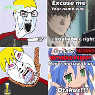 anime anti_sharty death_note distorted hanging izumi_konata lucky_star meme nate otaku soyjak_party soyteen tongue variant:bernd variant:chudjak yagami_light // 640x639 // 76.4KB