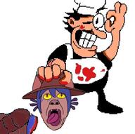 ack animal apron bleed blood cat chef clothes decapitation hair hat jimbo_(namefag) meta:namefags ok_hand_sign oneshot pizza_tower purple_hair teeth variant:bernd wink yellow_eyes // 995x992 // 597.8KB