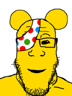 bandage bear bear_ears black_eyes polka_dots pudsey pudsey_bear smile subvariant:neutralplier transparent_background variant:markiplier_soyjak yellow_fur yellow_skin // 600x800 // 17.3KB