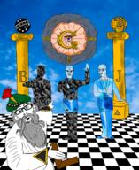 4soyjaks angry arm_lowered arm_raised armbeard art b_(letter) background beard black blue blue_eyes blue_iris celestial_globe checkerboard_pattern chud classical_art_parody closed_mouth clothes cloud coal coal_skin column constellation day diamond ear eye eye_of_providence eyeball eyebrows eyes feather floor frame freemason freemasonry full_body g_(letter) gem gem_skin glasses globe gold gray gray_beard gray_hair green grey_hair hair hand hat hiram_abiff holding_object j_(letter) letter necktie object occult open_mouth orange pillar pointing rays red robe secret_society sky smoke square star subvariant:chudjak_front suit symbol triangle turban variant:chudjak variant:nojak white yellow zodiac // 2032x2480 // 5.2MB