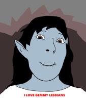 adventure_time blue_skin brown_eyes cartoon cartoon_network cave closed_mouth clothes ear fangs female femjak hair i_love lesbians long_hair marceline_abadeer pointy_ears smile soyjak subvariant:female_cobson text variant:cobson // 962x1094 // 21.8KB