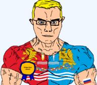 animal arm award bird blue_eyes buff christianity closed_mouth clothes eagle eastern_orthodox eyes_like_the_o-o-cean flag flag:ivanovo_oblast flag:russia glasses hair ivanovo_oblast lion oblast orthodox_cross river russia soyjak subvariant:chudjak_front subvariant:muscular_chud text transparent transparent_background tshirt variant:chudjak vein volga_river yellow_hair // 1059x929 // 245.1KB