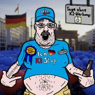 afd award beer blue_eyes blue_shirt boomer cap clothes fat german_flag grey_hair hairy hat heart mustache pointing ring sign stubble tattoo text variant:shirtjak // 1080x1080 // 548.8KB