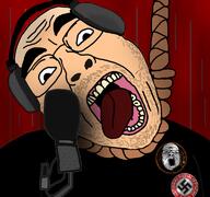 2soyjaks 3_eyes badge brown_stubble clothes glasses hanging headphones joe_rogan microphone multiple_eyes mustache nazism open_mouth rope soyjak stubble suicide swastika third_eye tongue variant:a24_slowburn_soyjak variant:bernd white_skin // 768x719 // 336.2KB