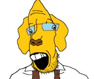 clothes dog ear glasses janny open_mouth soyjak stubble suspenders teeth variant:parrotjak yellow_skin // 682x576 // 21.4KB