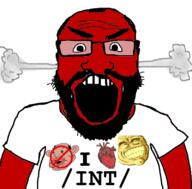 amerimutt angry anti_mutt balding beard big_grin clothes fume glasses hair heart i_love int_(4chan) open_mouth red_skin soyjak subvariant:science_lover variant:markiplier_soyjak // 800x789 // 208.7KB