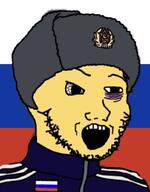 bloodshot_eyes clothes communism country flag hammer_and_sickle hat russia soyjak star stubble track_suit ushanka variant:soyak yellow_skin // 802x1024 // 118.6KB