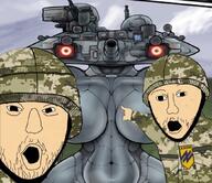 arm azov_battalion big_breasts breasts camouflage censored hand helemt military nsfw open_mouth pointing soyjak stubble tank variant:two_pointing_soyjaks white_skin // 1047x905 // 1.6MB