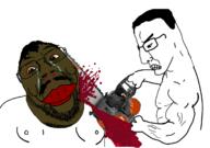 beard blood bloodshot_eyes brown_skin cartel chainsaw clenched_teeth dead glasses gore holding_chainsaw holding_object lips moustache nigger smile subvariant:chainsaw_bernd template variant:bernd variant:chudjak // 1238x872 // 410.9KB