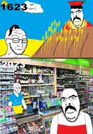 5soyjaks blue_eyes closed_eyes closed_mouth clothes drawn_background farming field glasses hat hohol irl_background its_over mustache poland sad store stubble text ukraine variant:cobson variant:impish_soyak_ears variant:soyak wheat żabka // 2142x3102 // 2.4MB