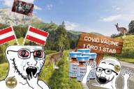 2soyjaks adolf_hitler arm australia austria bloodshot_eyes coronavirus_pandemic crying distorted flag flag:austria german_text glasses hand hand_up irl_background kangaroo mountain nazism open_mouth soyjak stubble text vaccine variant:excited_soyjak variant:soyak // 1232x821 // 1.6MB