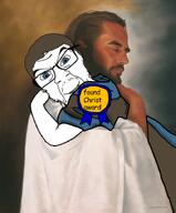 arm award beard blue_eyes brown_hair christianity closed_eyes closed_mouth clothes h3k_(user) hair hand hugging jesus jesus_christ joke meta:namefags mustache painting robe soyjak teeth text variant:feraljak white_robe white_skin // 600x725 // 481.6KB