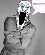 crying glasses insane open_mouth samefag soyjak speech_bubble straightjacket stretched_mouth stubble text variant:markiplier_soyjak // 886x1080 // 188.5KB