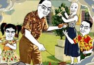 4soyjaks arm closed_mouth clothes family female ful_body glasses grilling hair hand holding_object leg smile soyjak subvariant:chudjak_front trad_wife tshirt variant:chudjak yellow_hair // 587x411 // 45.4KB