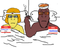 austrian_chud_(user) bed bedroom beefsoup_(user) blanket meta:namefags pillow series:me_and_your_mom smoking soup stubble subvariant:female_markiplier subvariant:neutralplier variant:markiplier_soyjak yellow_skin your_mom // 745x600 // 36.9KB