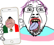 balding glasses hair hand holding_object holding_phone lipstick looking_at_you mexico mustache open_mouth phone purple_hair showing_something soyjak stubble tongue tranny transgender_flag troon variant:bernd variant:meximutt white_background // 1200x994 // 347.6KB