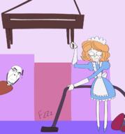 emmy_the_robot holding_object maid piano robot smirk stubble vacuum variant:cobson yellow_hair // 1128x1212 // 575.6KB