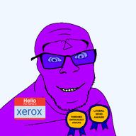 award glasses hello_my_name_is_(sticker) literal_who looking_at_you meta:namefags purple_skin smile thrembo variant:feraljak xerox_(user) // 1500x1500 // 207.9KB