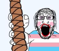 arm flag glasses hair hand holding_object makeup open_mouth rope soyjak stubble tranny variant:markiplier_soyjak // 2160x1884 // 1.1MB