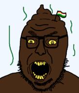 angry chud_(soybooru) crooked_teeth glasses india indian indian_flag meta:op_took_a_selfie_of_xerself open_mouth poop rotten_teeth shitskin soyjak stink_lines stinky stubble template variant:volcanojak yellow_sclera // 677x799 // 21.1KB