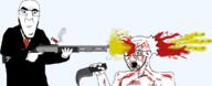 2soyjaks bald blood clothes death glasses gore gun headshot knife looking_at_each_other necktie open_mouth shotgun smoking stubble tongue variant:godjak variant:soyak // 1080x438 // 51.5KB