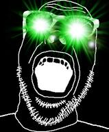 black_skin clothes glasses glowing glowing_eyes inverted open_mouth soyjak stubble thougher variant:dubbbzjak // 298x360 // 97.2KB