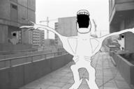 3soyjaks arm black_and_white city full_body hand irl_background leg monster no_eyes no_nose open_mouth subvariant:fingerboy variant:a24_slowburn_soyjak // 1000x667 // 289.4KB