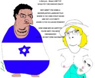3soyjaks acne baby blue_eyes breastfeeding breasts brown_skin closed_mouth clothes country distorted fat flag full_body glasses hair hat heart i_love israel judaism large_nose merge nsfw pacifier smile stinky subvariant:blobson subvariant:gapejak_female subvariant:hornyson text variant:chudjak variant:cobson variant:gapejak white_skin yellow_hair // 1536x1258 // 422.5KB