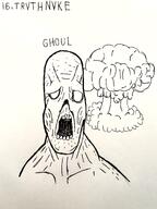 art black_and_white burned burnt drawfag drawing fallout fallout_3 fallout_new_vegas ghoul ink melting meta:soytober meta:soytober2025 nuclear open_mouth soyjak text truth_nuke trvthnvke variant:cobbert // 3000x3999 // 7.0MB